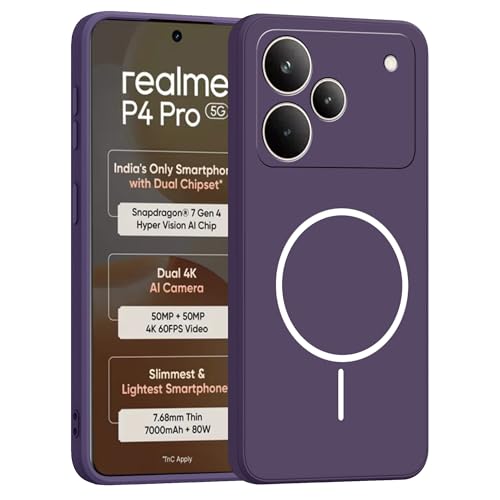Image of amazon basics Back Cover for Realme P4 Pro 5G | Ultra Slim Soft Rubberised Case | Magsafe Logo Printed (Not Magsafe Compatible) | Camera Protection - Purple