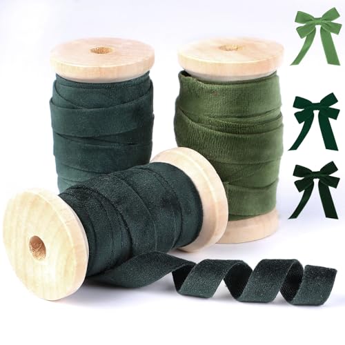 Velvet Ribbon 3 Rolls 3/8 x 5 Yd Velvet Ribbon on Wooden Spools for Christmas Wreath Decoration Gift Wrapping Bow Making Crafts and Holiday Ornaments (Green)