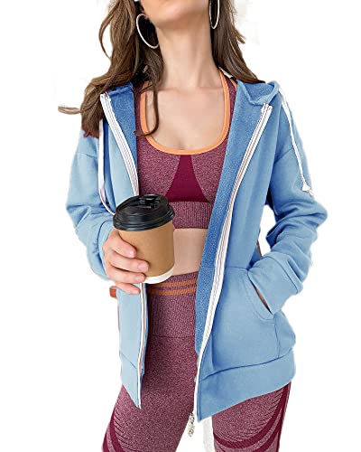 Women Winter Warm Fleece Full Zipper Oversized Hoodies Jackets plain with Pockets Drawstring Hooded Sweatshirts Coats Long Sleeve Shirts Tops Casual Daily Sports Track Cotton Baby Blue