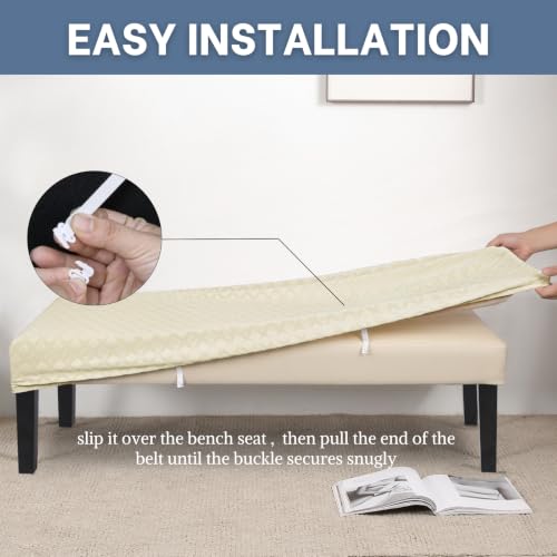 Image of SearchI Dining Bench Cover, Stretch Washable Long Bench Seat Covers, Rectangle Dining Table Bench Slipover for Dining Room, Living Room, Kitchen(Beige Diamond Jacquard)