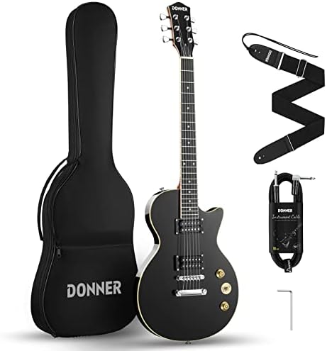 Donner Electric Guitar LP Solid Body, Full-Size 39 Inch Electric Guitar Beginner Kit Black with Bag, Cable, Strap, DLP-124B