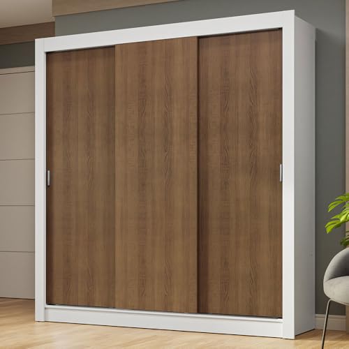 Image of Madesa 3 Sliding Doors Wardrobe Ample Storage Wooden Almirah 170 Cm with Shelves and Hanging Units for Bedroom - White /Brown