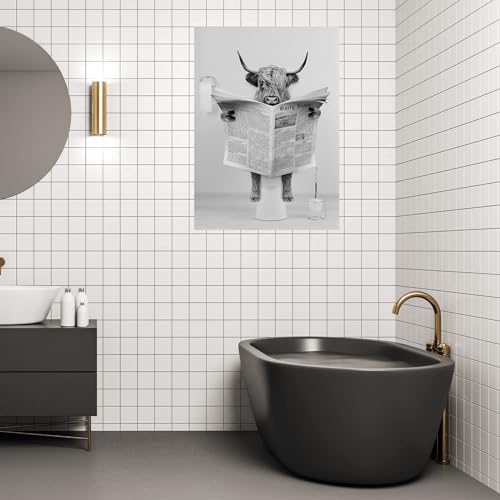 LYBOHO Black White Scottish Highland Cow Bathroom Pictures Funny Animal in the Bathtub Canvas Pictures for Living Room Bathroom Bedroom Decorative Frameless (1 Piece - Image 3