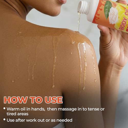 Image of Body oil designed for Deep Hydration to nourish, protect, and rejuvenate the skin while leaving it with a soft, radiant glow and a candy mango scent long -lasting fragrance, jojoba oil and more 6.76oz