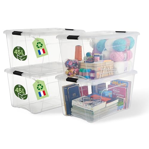 Iris Ohyama Aufbewahrungsboxen mit Deckel, 45L, 4er-Set, Transparent, Sicherer Verschluss, Stapelbar, Griffe, Schlafzimmer, Schrank, Büro, Organisation, BPA-freies Plastik, Ordnungsboxen, BSB-50