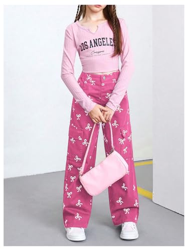 SHENHE Girl's Cargo Jeans Wide Leg Elastic Waist Butterfly Print Cute Baggy Jeans Pants4