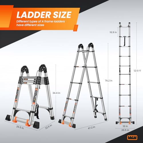 Image of Telescoping Ladder 12.5 FT A Frame, Extension Multi-Purpose with Balance Bar Heavy Duty 330 lbs Max Capacity for Home and Outdoor Work, Silver