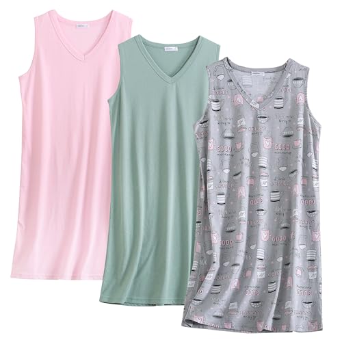 Image of PNAEONG 3 Pack Womens Cotton Nightgown V Neck Nightshirts Sleeveless Sleepwear Casual Print Sleepdress