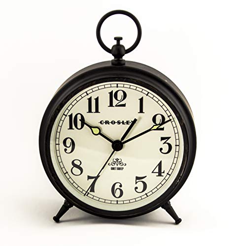 Image of Timelink Metal Crosley Vintage Desk and Shelf Alarm Clock, Old Fashioned Retro Style, Quiet Sweep-Non-Ticking, Battery Operated - Simple Settings, Antique Finish (Black)