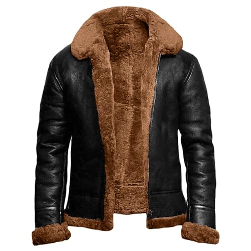 Generisch Lederjacke Mit Fellkragen Herren, Fleecejacke Pu Leder Wasserdicht Winterjacke Große Größen Warme Übergangsjacke Classic Vintage Bomberjacke Reißverschluss Revers Arbeitsjacke Für Outdoor