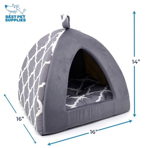 Image of Best Pet Supplies Cat Bed for Indoor Cat, Domed Tent House with Removable Pillow, Covered Cat Cave for Small Dog, Puppies and All Breeds of Cats - Gray Lattice, 19 x 19 x H:19 inch