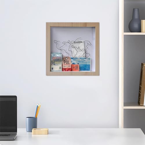 Adventure Archive Box,Large Size 8Inch wood Travel Memory Box with World Map Design,Ticket Shadow Box with Slot,Wooden Creative Keepsake Box,Wood Frame Travel Ticket Box (20*20cm)