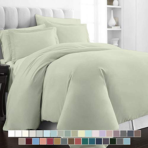 Pizuna Pure Combed Cotton Duvet Cover Set Queen Size 220 x 230 cm, Light Sage, 400 Thread Count Cool Breathable 100% Long Staple Cotton Sateen Weave Quilt Cover with 2 Pillowcases (Cotton Bedding Set)
