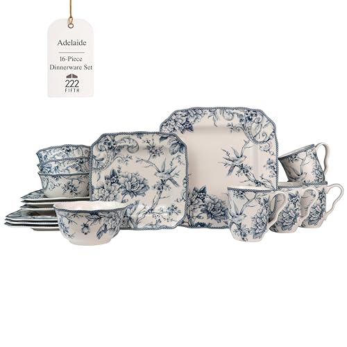 222 Fifth Adelaide 16-Piece Square Floral Dinnerware Set – Service for 4, Blue & White Porcelain Plates & Bowls, for Everyday Dining & Entertainment, Microwave & Dishwasher Safe, Chip Resistant