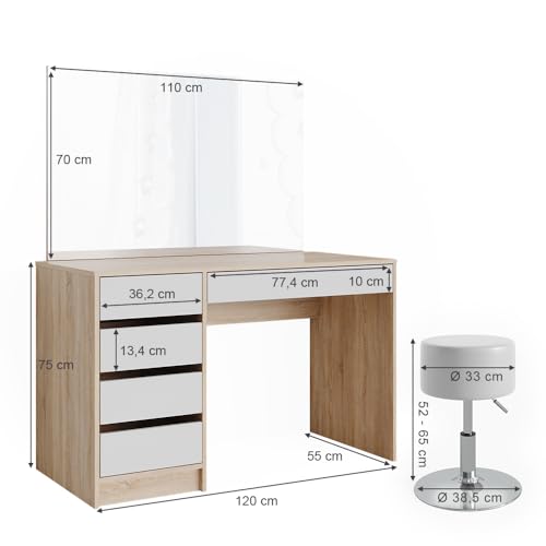 Vicco Tavolo Da Toeletta Bianco/Sonoma 120 Cm Con Sgabello - 3