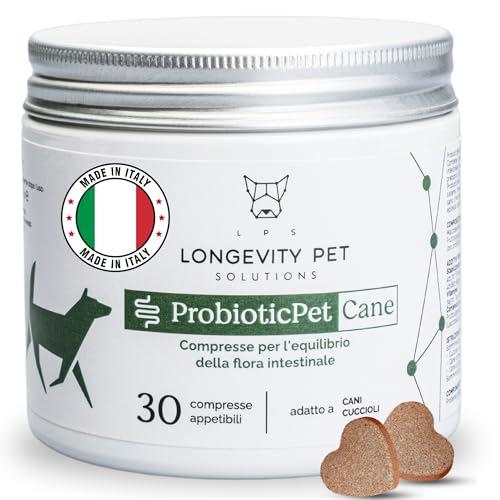 ProbioticPet Cane 30 Compresse per Prurito, Dermatite, Digestione | Probiotici per Cani FOS e MOS | Integratori per cani | Supporto per Diarrea Cane e Gatto | Made in Italy Longevity Pet
