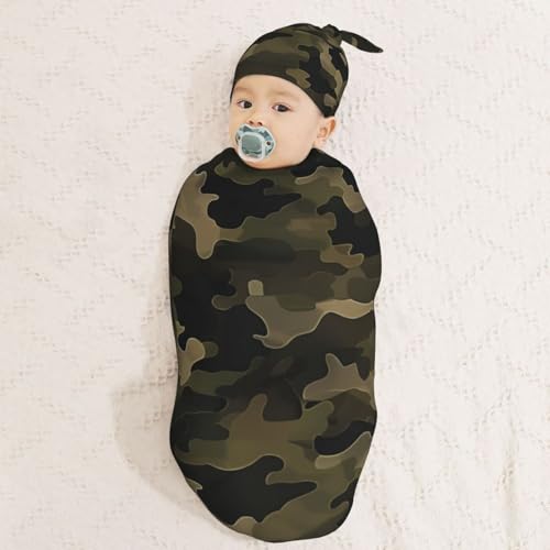 Image of Brown Green Camouflage Swaddle Blanket with Beanie Hat Set Newborn Receiving Blankets Baby Swaddle Wrap Soft Swaddle Blankets for Baby Boys and Girls