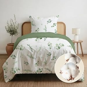 Dreamzie 1 dekbedovertrek 140x200 met 1 kussensloop 65x65 – Groene Bladeren – Katoenen beddengoedset – Ritssluiting – Oeko-Tex – Wasbaar 60°C – Eenpersoonsbedlinnen