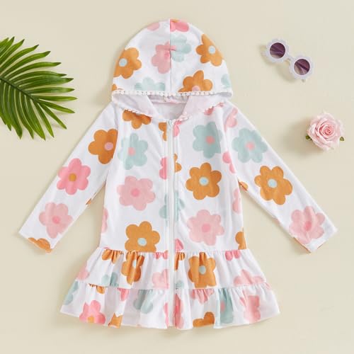 Image of Girls Terry Cloth Swim Cover Up Zip Up Hooded Bathing Suit Coverup Wraps Rufled Kids Pool Beach Robe Cover-Up Dress