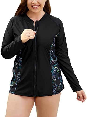 Halcurt Rash Guard Womens Long Sleeve Plus Size Swim Shirt UV Sun Shirt Black 3X