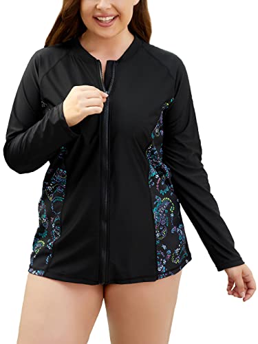 Halcurt Rash Guard Womens Long Sleeve Plus Size Swim Shirt Uv Sun Shirt Black 3X #TOP3