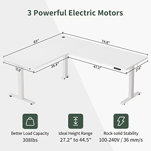Image of FEZIBO 75 Inches, Supports Over 300lbs, Large L Shaped Standing Desk, Electric Height Adjustable L Shaped Desk, Suitable for Home Office, White Frame /White Top