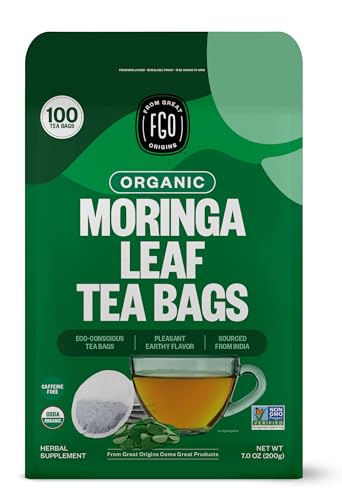 FGO Organic Moringa Tea, 100 Count, Eco-Conscious Tea Bags, Resealable Bag, Caffeine Free, Packaging May Vary (Pack of 1)
