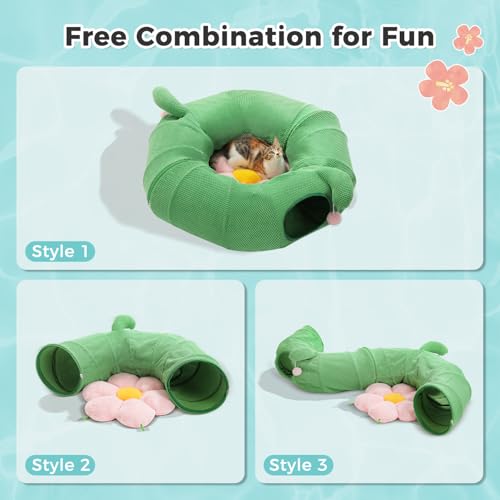 Image of PAWZ Road Cactus Cat Tunnel Collapsible Cat Donut Tunnel with Flower Bed | 38 inch diameter,2 tunnels & flower mat form Large cat tunnels Peephole & dangling balls for indoor adult cat