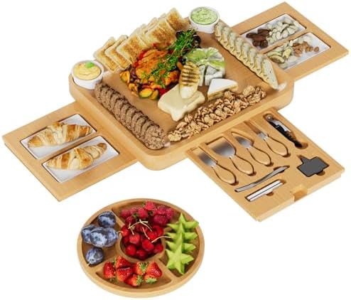 Charcuterie Board Gift Set - Bamboo Wine Meat Cheese Tray Platter With Knife Set, J