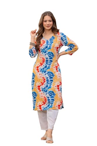 Image of Women's Tie-Dye Printed Kurti, V-Neck, 3 /4 Sleeves, Multicolour, Casual Wear