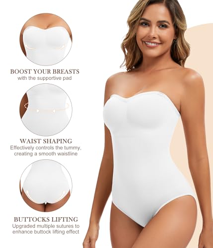 Image of Strapless Shapewear for Women,Tummy Control Bodysuit With Built In Bra,Seamless Body Shaper Tube Top Body Suit