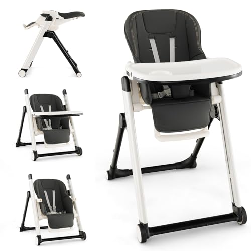GYMAX Baby Highchair, Adjustable Foldable Infant High Chair with Removable Tray, Lockable Wheels & 5-Point Harness, Toddler Dining Feeding Chairs for 6-36 Months (Dark-Gray)