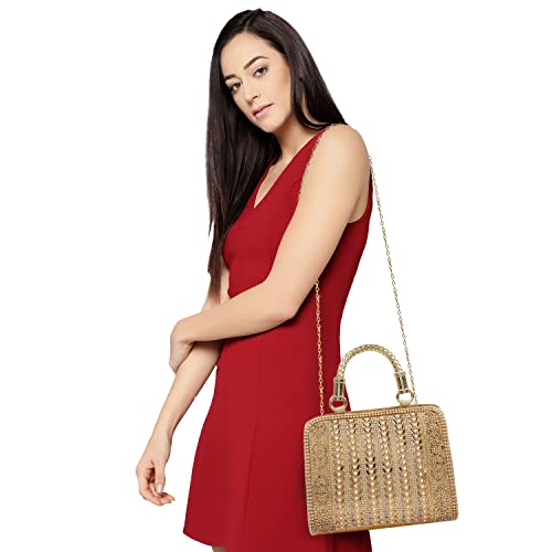 NORVE PU Embroided Stylish Fancy Women's Stones Evening Gold Chain Strap Party Clutch Wedding Bag Wallet - Image 3