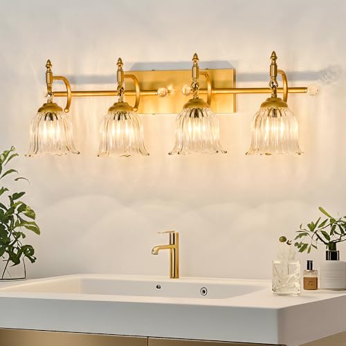 Image of CVKASH 4-Light Bathroom Vanity Light Fixtures Over Mirror,Brushed Gold Modern Vanity Lights with Glass Shade Vintage Wall Sconce for Bedroom Dressing Room Living Room Hallway Cabinet