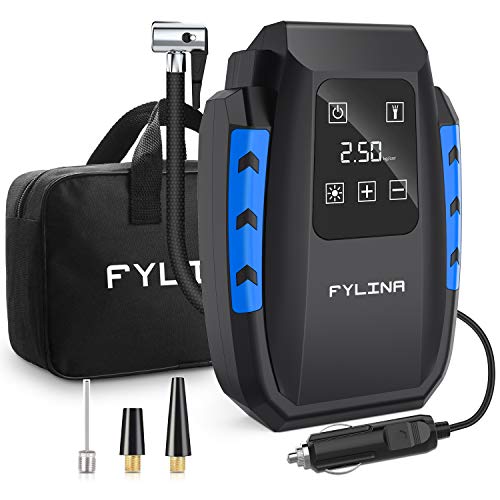 Fylina Gonfleur de pneu numérique à écran tactile, 12 V, 150 psi, avec débit d'air de 35 l/min, 3 adaptateurs de buses, lumière LED lumineuse et grand écran LED HD
