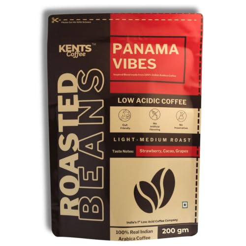 Image of Kents Coffee Panama Vibes | ROASTED COFFEE BEANS | LOW ACIDIC COFFEE | LIGHT MEDIUM ROAST | Whole Bean | |100% Arabica from Chikmagalur | Strawberry, Cacao & Grape Notes | Single Estate Specility Bean | Washed + Sun Dried Arabica | Freshly Roasted (200g)