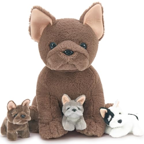 MorisMos Bulldog Francese Peluche Grande XXL, 45cm Mamma Cane con 3 Kawaii Bambino, Realistico Animali di Peluche Gigante Morbido Peluche Regalo per Bambini Compleanno Natale Deco