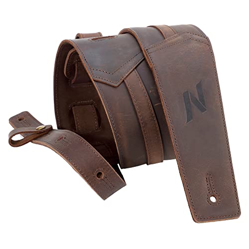 Nefelibata 3" Guitar Strap, Full Grain Leather, With Foam Padding And Cable Storage Loop, For Bass, Electric And Acoustic Guitars（Dark Brown） #TOP14