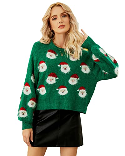 Lesmart Womens Ugly Christmas Sweater Funny Santa Funny Xmas Holiday Party Knitted Pullover Green S