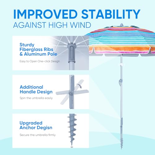 Image of Tempera Heavy Duty High Wind Beach Umbrella with Sand Anchor & Carry Bag | Patio Outdoor Umbrella with Aluminum Frame and Push Button Tilt, Ideal for Garden Lawn, UPF 60+