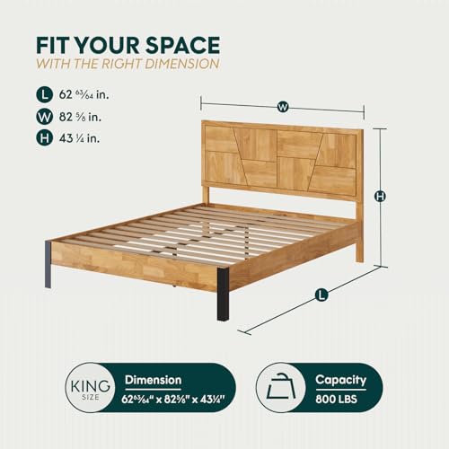 Image of Bme Trapeze Queen Bed Frame - Modern Solid Wood Bed with Smooth Pattern Headboard, Black Metal Legs, Light Natural Finish - Durable Queen Size Platform Bed for Contemporary Bedrooms