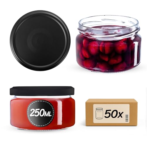 KADAX 50 tarros de 250 ml con tapa de rosca fi82 mm, tarros de postre, tarros de mermelada con tapa Twist-Off, herméticos y aptos para lavavajillas, vidrio de pared gruesa (negro mate, 50 unidades)
