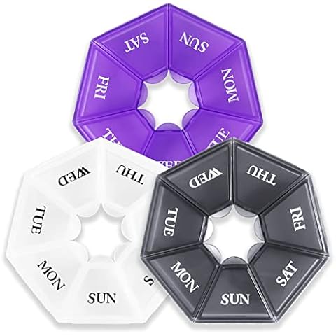 Set of 3 Weekly Pill Boxes for Pills and Medicine Pill Boxes with Days of the Week, Small White/Black/Purple Cover