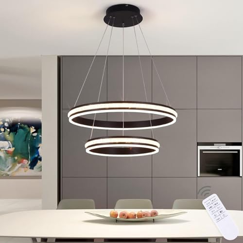 Jaycomey Modern LED Chandelier 2-Ring Pendant Light with Remote Control, 64W Dimmable 3000K-6000K Adjustable Height Ceiling Light, Memory Function, Black Hanging Light for Dining Room Kitchen Island
