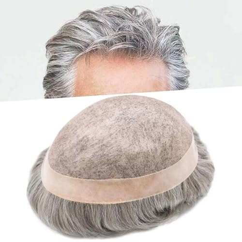 FACE MIRACLE Toupee for Men Human Hair Replacement System, Fine Mono Lace Center with NPU, 1/8" Folded Lace Front Natural Hairline Mens Hair Piece #1B90 1B# OFF BLACK WITH 90% SYNTHETIC GREY 7 * 9
