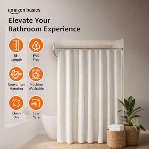 Image of Amazon Basics Shower Curtain 5 Feet | Waterproof Bathroom Curtain | PVC-Free, No Plastic Smell | Machine Washable Fabric | Off-White | 6ft Wide | 12 Hooks -180 CM X 150 CM
