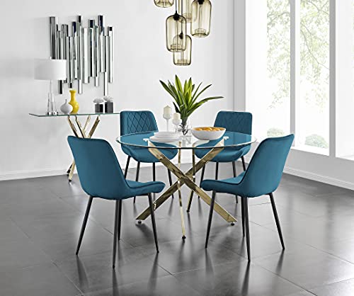 Furniturebox UK Novara 120cm Clear Round Glass and Gold Leg Kitchen Dining Table & 4 Blue Velvet Black Leg Pesaro Dining Chairs