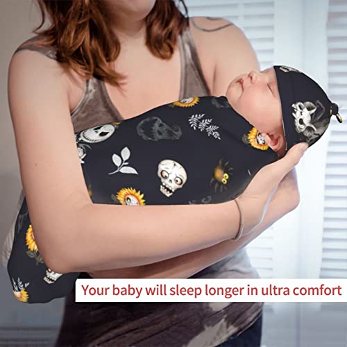 Auhomea Halloween Pattern In Black Skulls Newborn Swaddle Blanket Soft Unisex Infant Swaddle Wrap Blanket Baby Receiving Blanket With Beanie Hat For Boy And Girl #TOP2