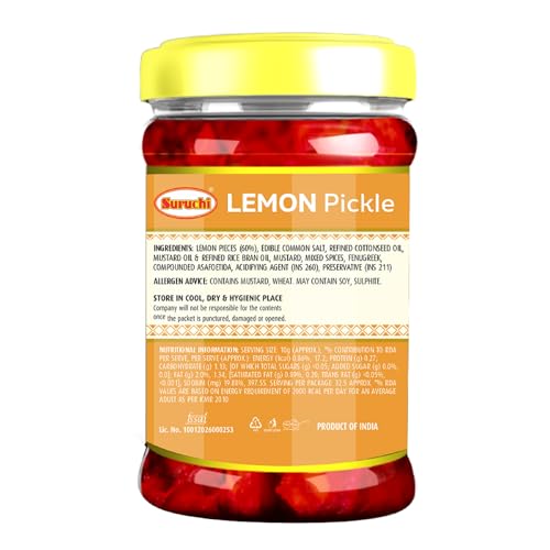 Image of Suruchi Lemon Pickle - 500g | Khatta Nimbu Ka Achar | Ready to Eat Lime Pickle | Authentic Indian Lemon Pickle | Pure & Natural Ingredients | Hygienically Packed (Pack of 1)