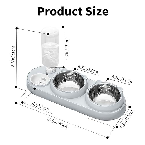 Marchul 3-in-1 Katzennapf, Futter und Wassernapf Set mit Wasserspender, Edelstahlnäpfe, 15° geneigtes Haustier Erhöhung für Indoor-Katzen, kleine oder mittelgroße Hunde, Grau Blau